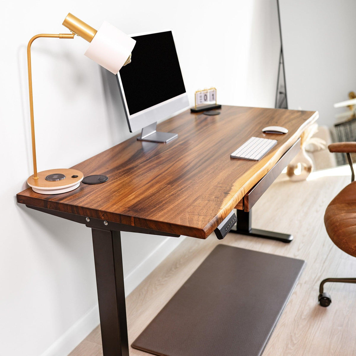 Side view of a walnut solid wood standing desk with storage and live edge design, showcasing ergonomic features and modern functionality.