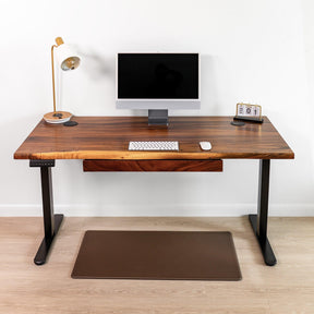 Premium wood standing desk with drawers, featuring a live edge walnut desktop, adjustable black frame.