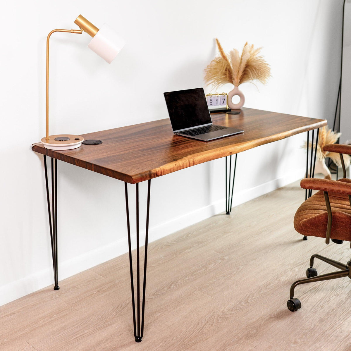 Side view of live edge computer desk with black hairpin legs