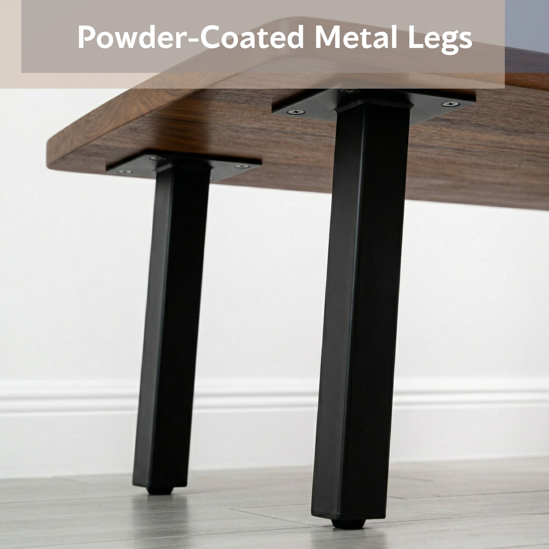 Walnut coffee table with powder-coated metal legs on a white background