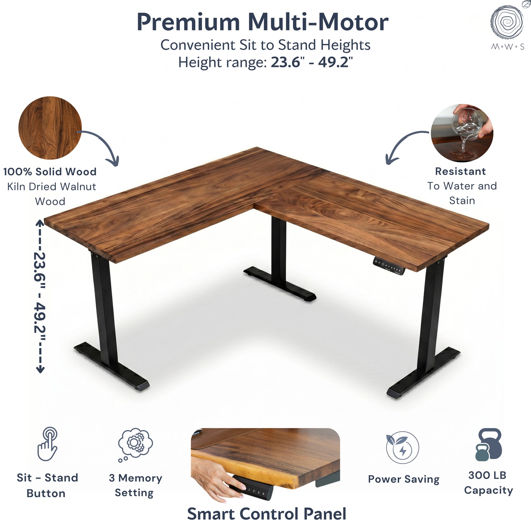 Walnut L-shaped standing desk with features highlighted on a white background