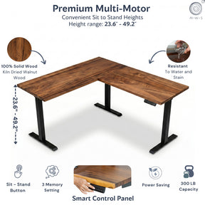 Walnut L-shaped standing desk with features highlighted on a white background