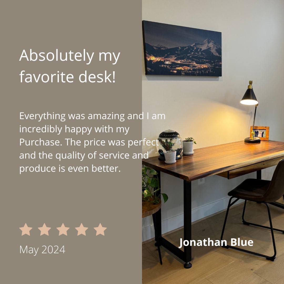 Customer review highlighting satisfaction with walnut solid wood computer desk, praising quality, price, and service, 5-star rating. 