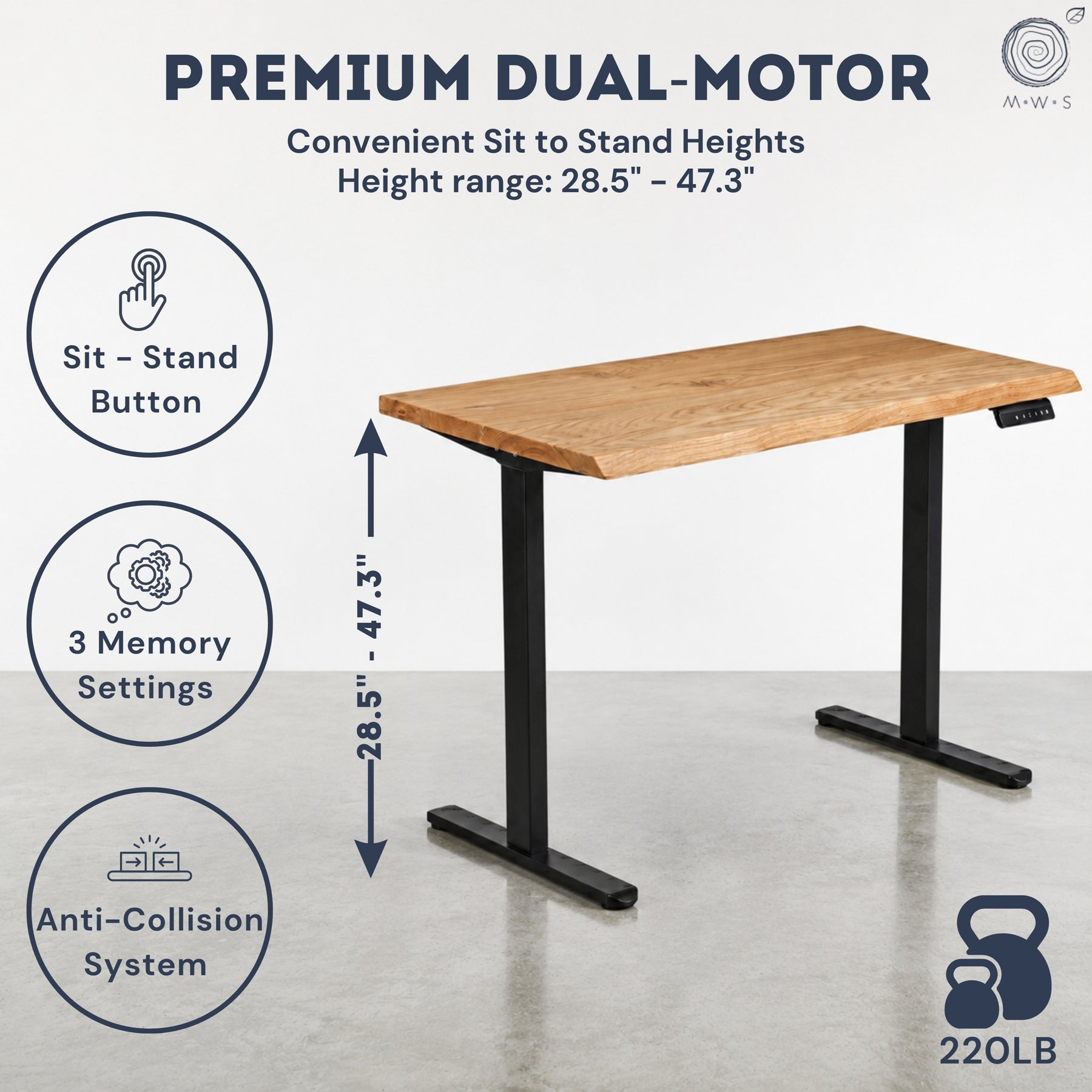 White oak standing desk with black sit-stand legs on a gray floor, featuring text about premium dual-motor height adjustment.