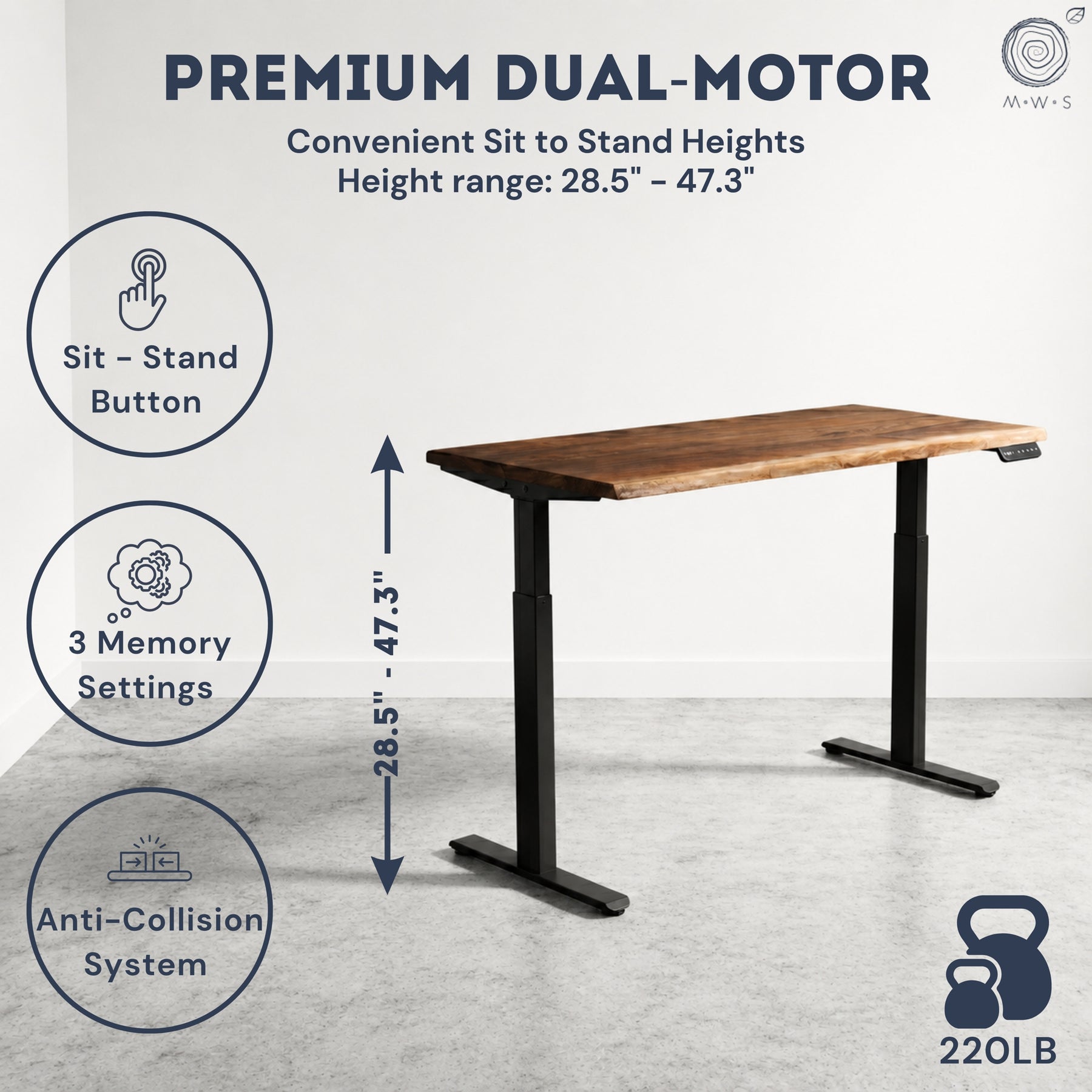 A premium dual-motor height-adjustable standing desk with a wood-grain top and black metal legs, shown in a room setting with feature callouts and height measurement arrows.