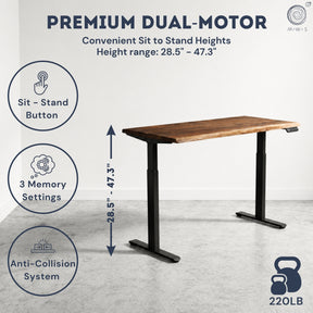 A premium dual-motor height-adjustable standing desk with a wood-grain top and black metal legs, shown in a room setting with feature callouts and height measurement arrows.