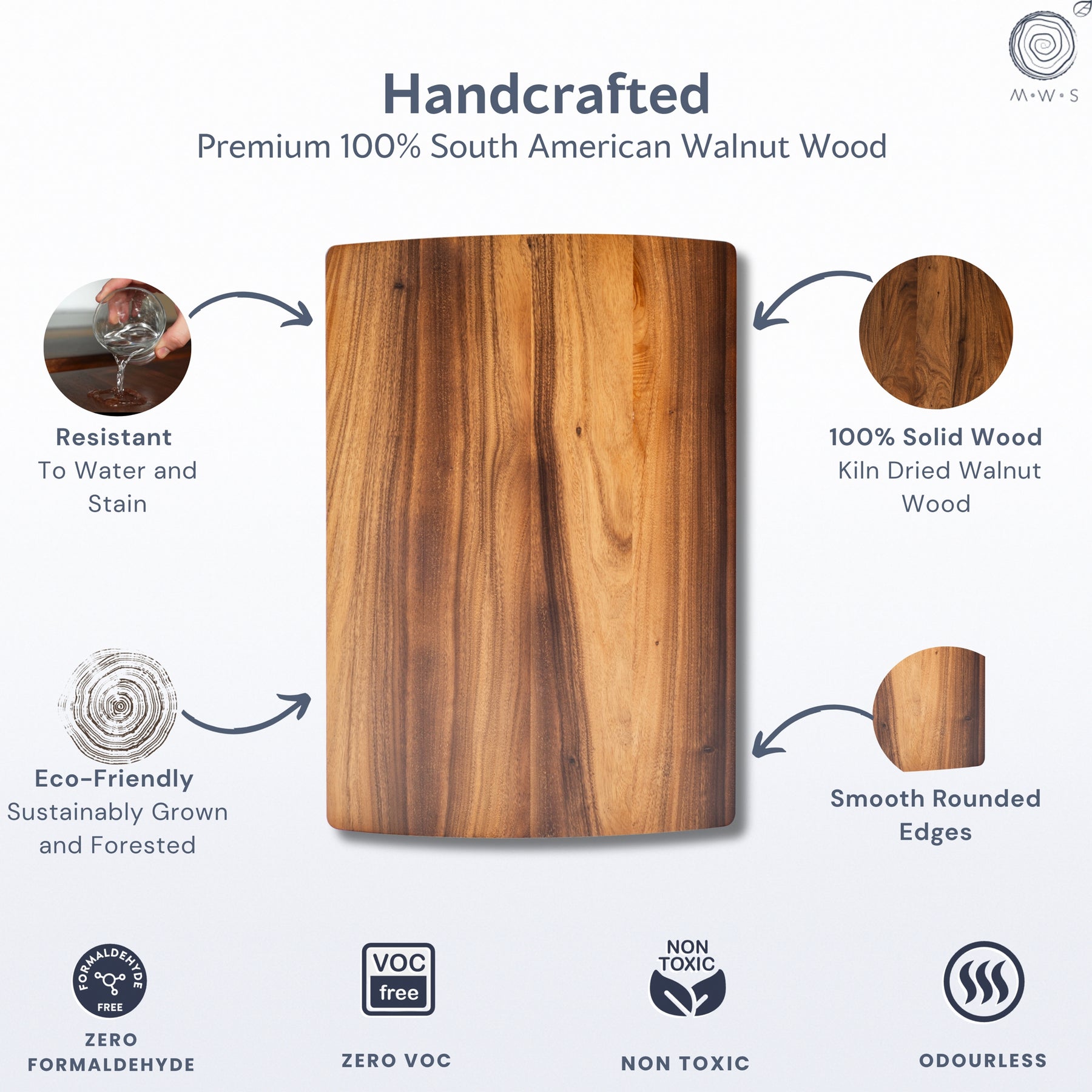 Walnut coffee table with sustainability and quality features highlighted on a white background