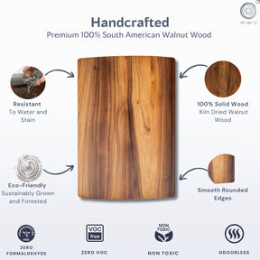 Walnut coffee table with sustainability and quality features highlighted on a white background