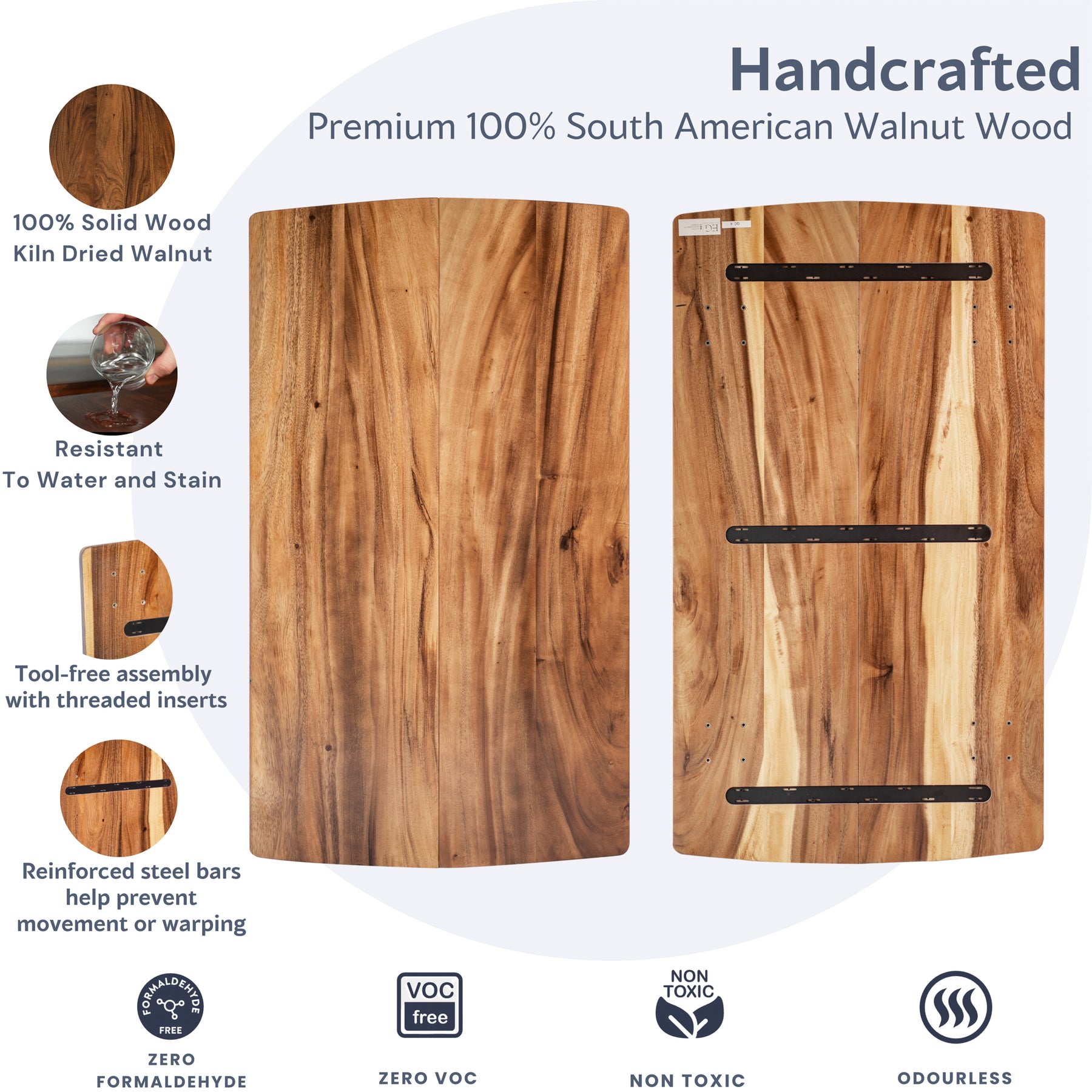 Handcrafted wooden table top with features highlighted on a white background