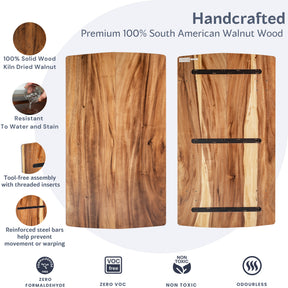 Handcrafted wooden table top with features highlighted on a white background