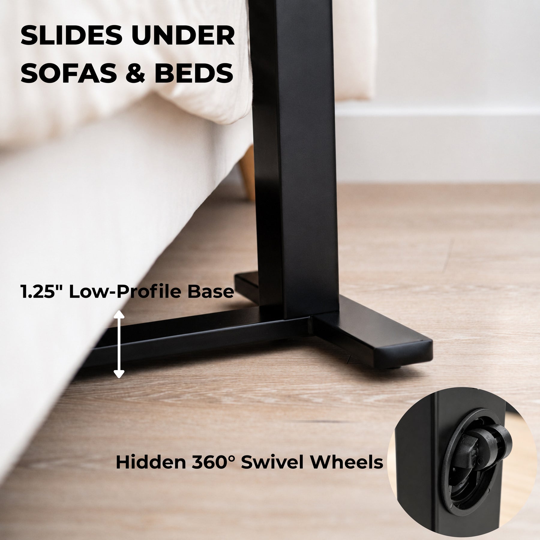 Low-profile rolling desk base sliding under a sofa with hidden 360-degree swivel wheels