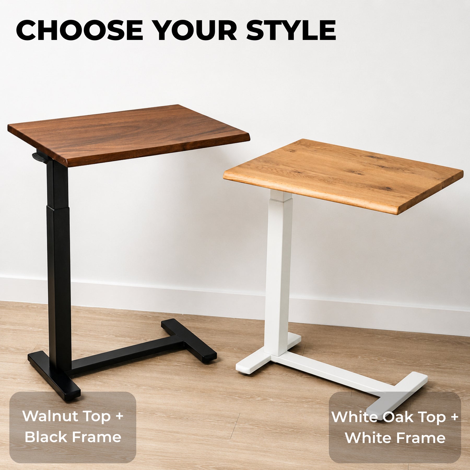 Rolling laptop desk options with a walnut top and black frame or white oak top and white frame