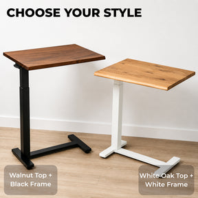 Rolling laptop desk options with a walnut top and black frame or white oak top and white frame