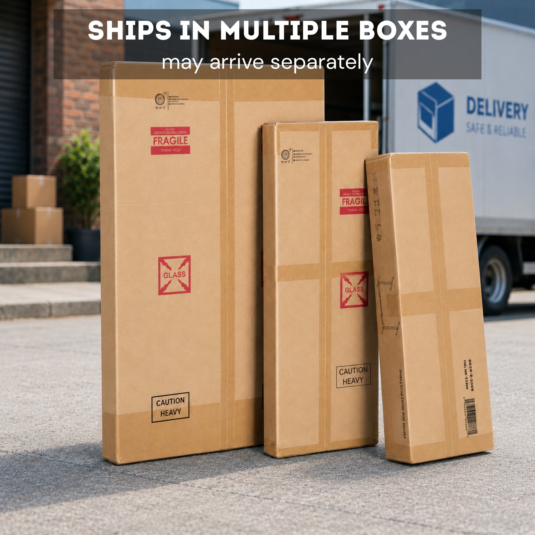 Three brown shipping boxes of different heights with red and black handling markings, standing on a paved outdoor area in front of a delivery truck. White text at the top reads 'SHIPS IN MULTIPLE BOXES may arrive separately'.