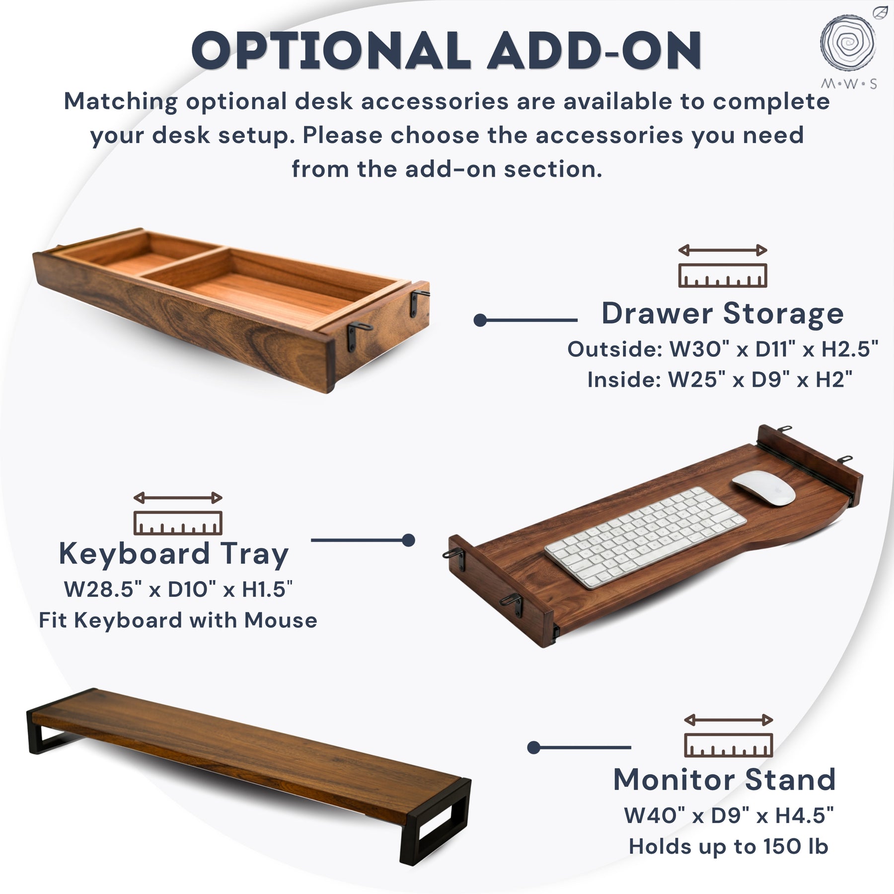 Walnut L-shaped standing desk accessories, including a drawer storage unit, keyboard tray, and monitor stand, on a white background.