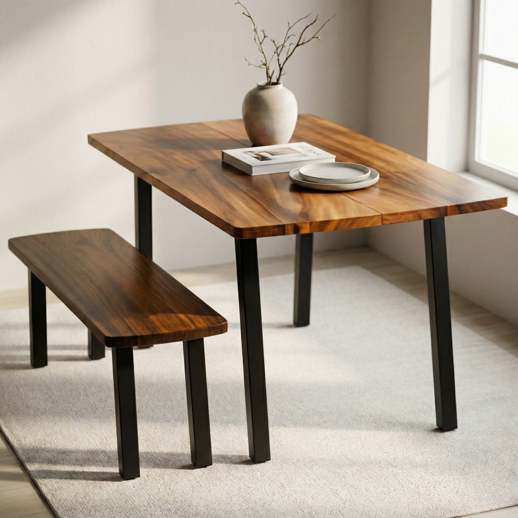 Walnut Dining Table Set for 6 with Bench | Modern Wood Style
