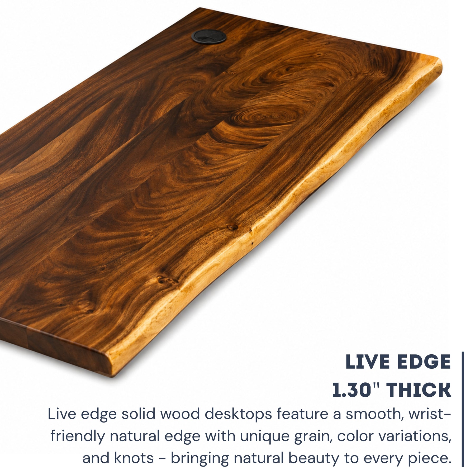 A live edge solid wood desktop shown at an angle on a white background, with descriptive text reading 'LIVE EDGE 1.30" THICK' and a short product description below.
