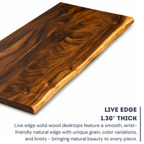A live edge solid wood desktop shown at an angle on a white background, with descriptive text reading 'LIVE EDGE 1.30" THICK' and a short product description below.