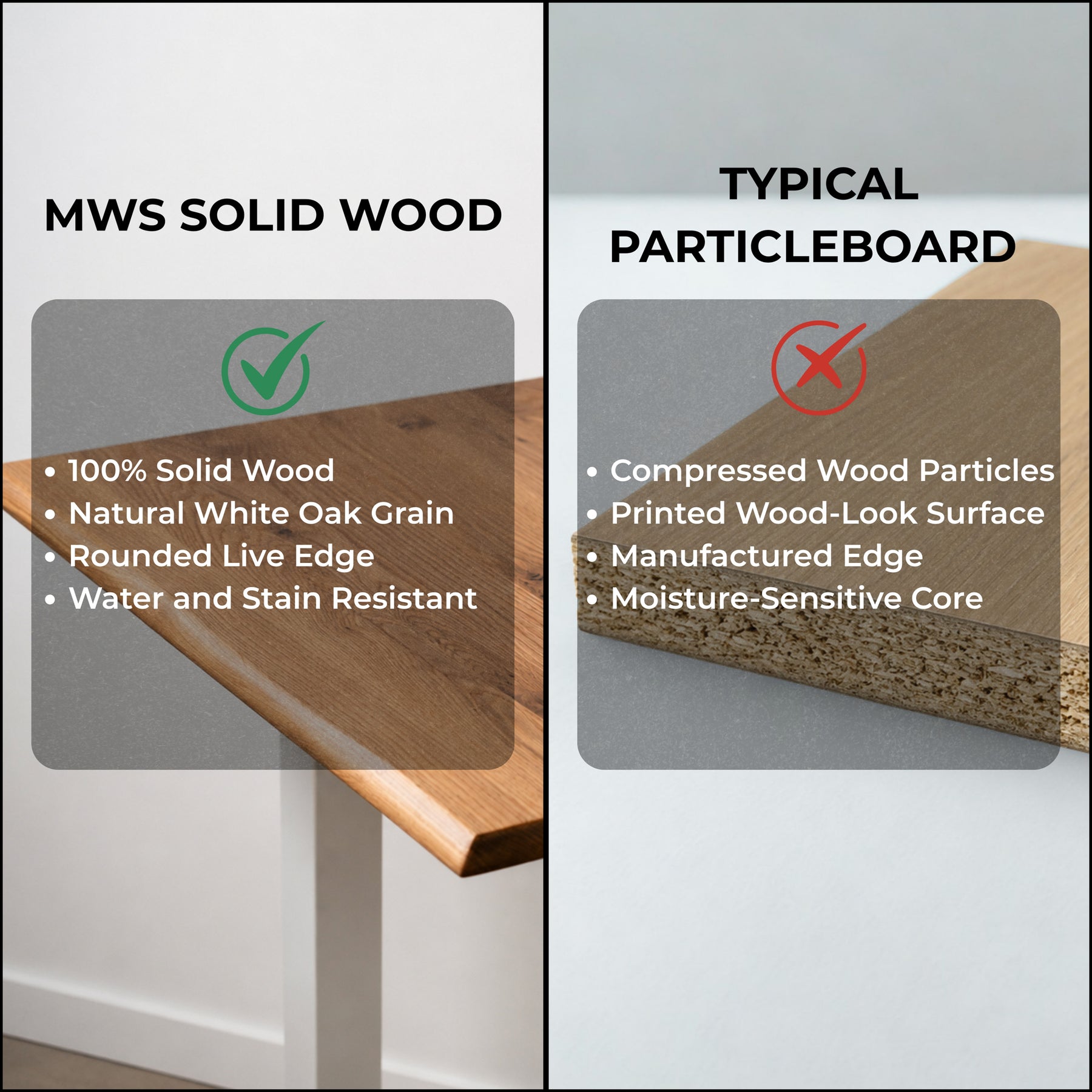 Comparison of a solid white oak live-edge desktop with a durable finish versus typical particleboard