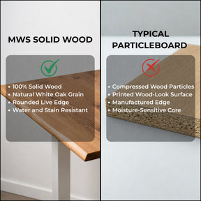 Comparison of a solid white oak live-edge desktop with a durable finish versus typical particleboard