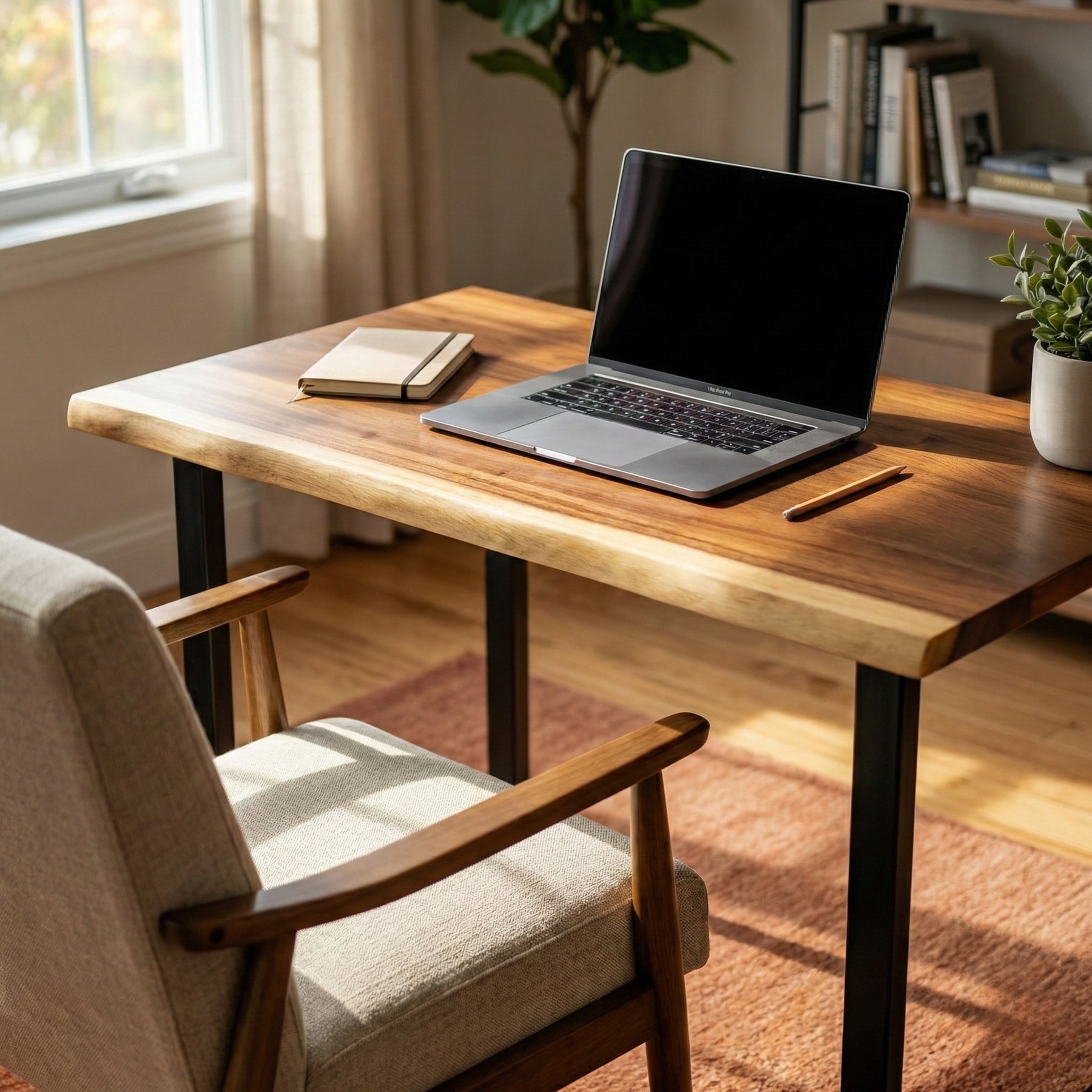 Compact Walnut Computer Desk with laptop, notebook, and pen in a home office setting.