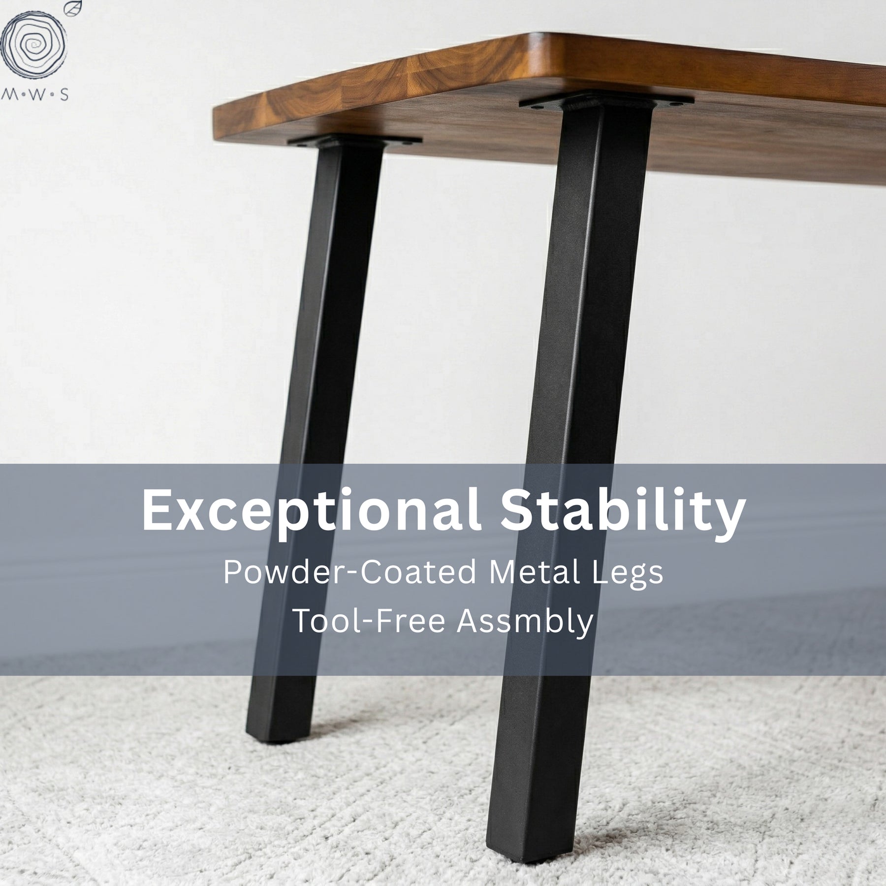 Extra Deep Solid Walnut Computer Desk with black metal legs on a white background, featuring text about stability and assembly.