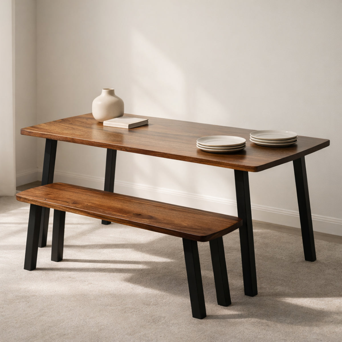 Walnut Dining Table Set for 6 with Bench | Modern Wood Style