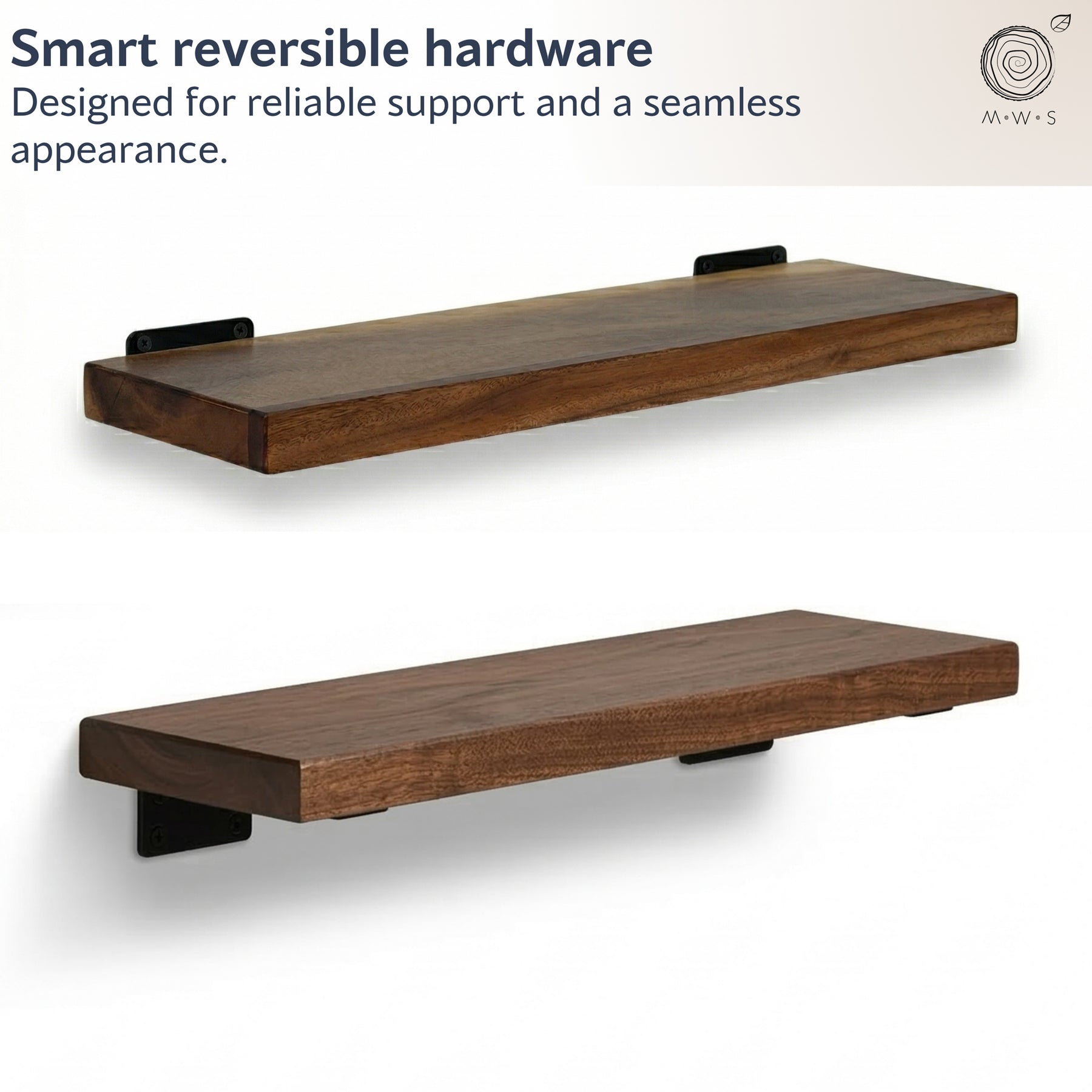 Two floating wood shelves with reversible hardware on a white background