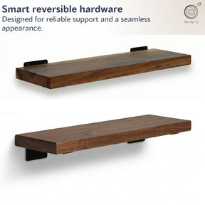 Two floating wood shelves with reversible hardware on a white background