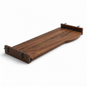 A solid walnut wood keyboard tray shown at an angle on a clean white background.