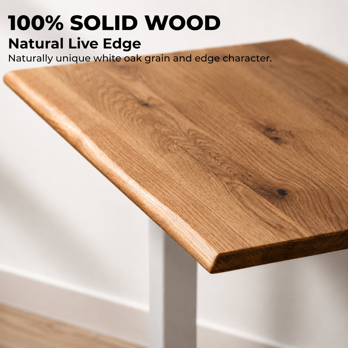 Close-up of a 100% solid white oak desktop with natural grain and smoothly rounded live edge