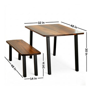 Solid walnut dining table with bench dimensions labeled on a white background