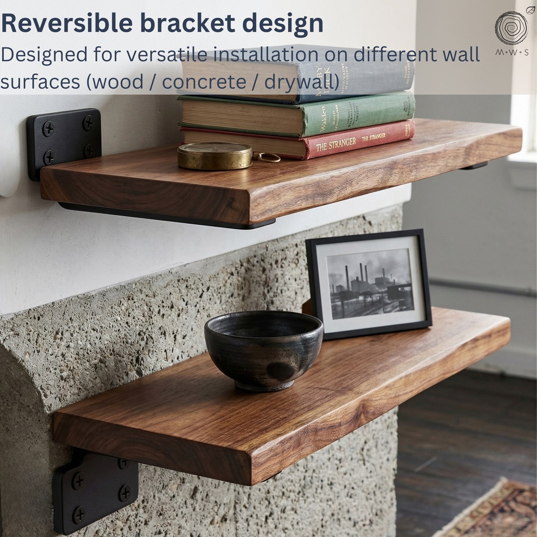 Wooden wall shelves with reversible bracket design on a concrete wall.