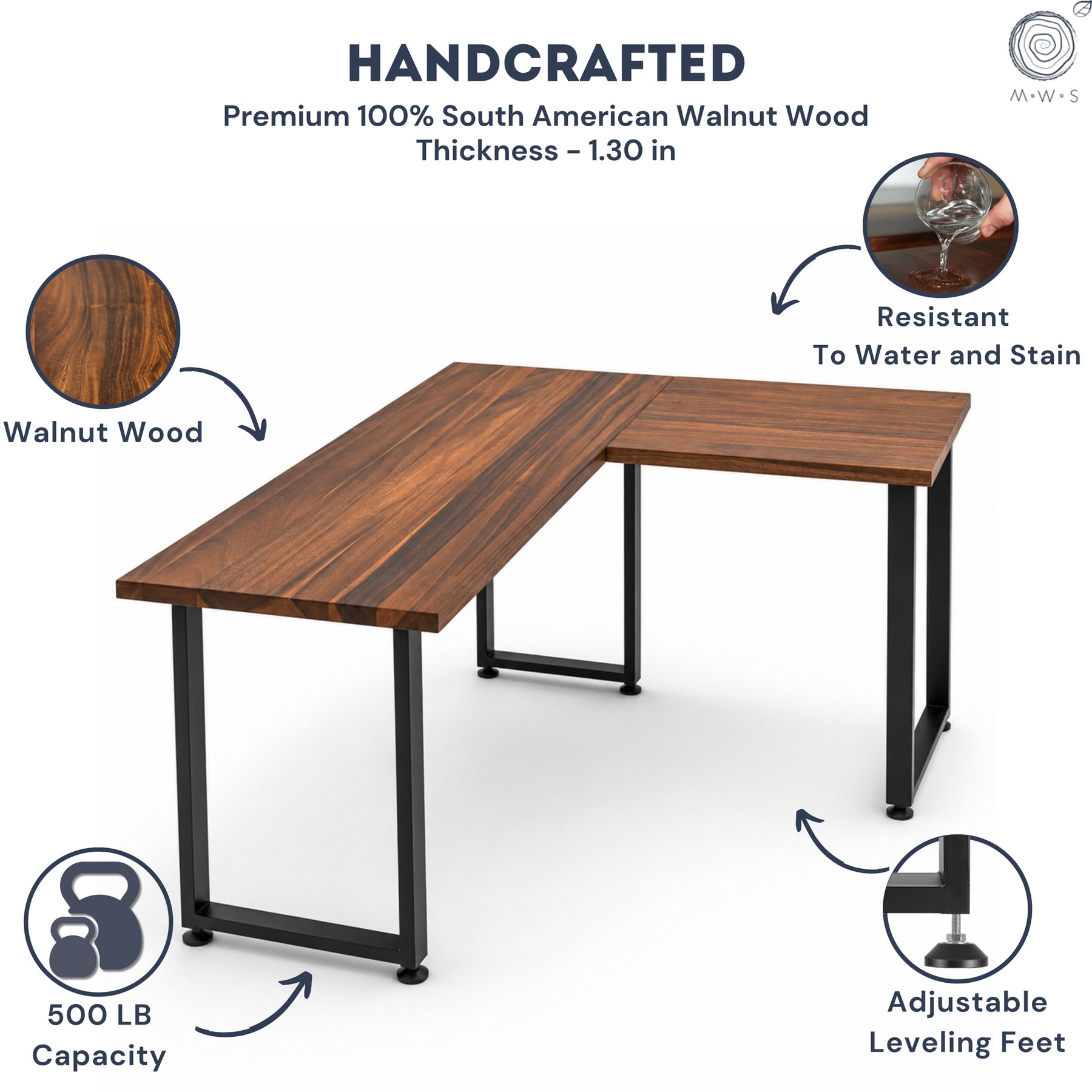 Solid wood L-shaped desk with features highlighted on a white background
