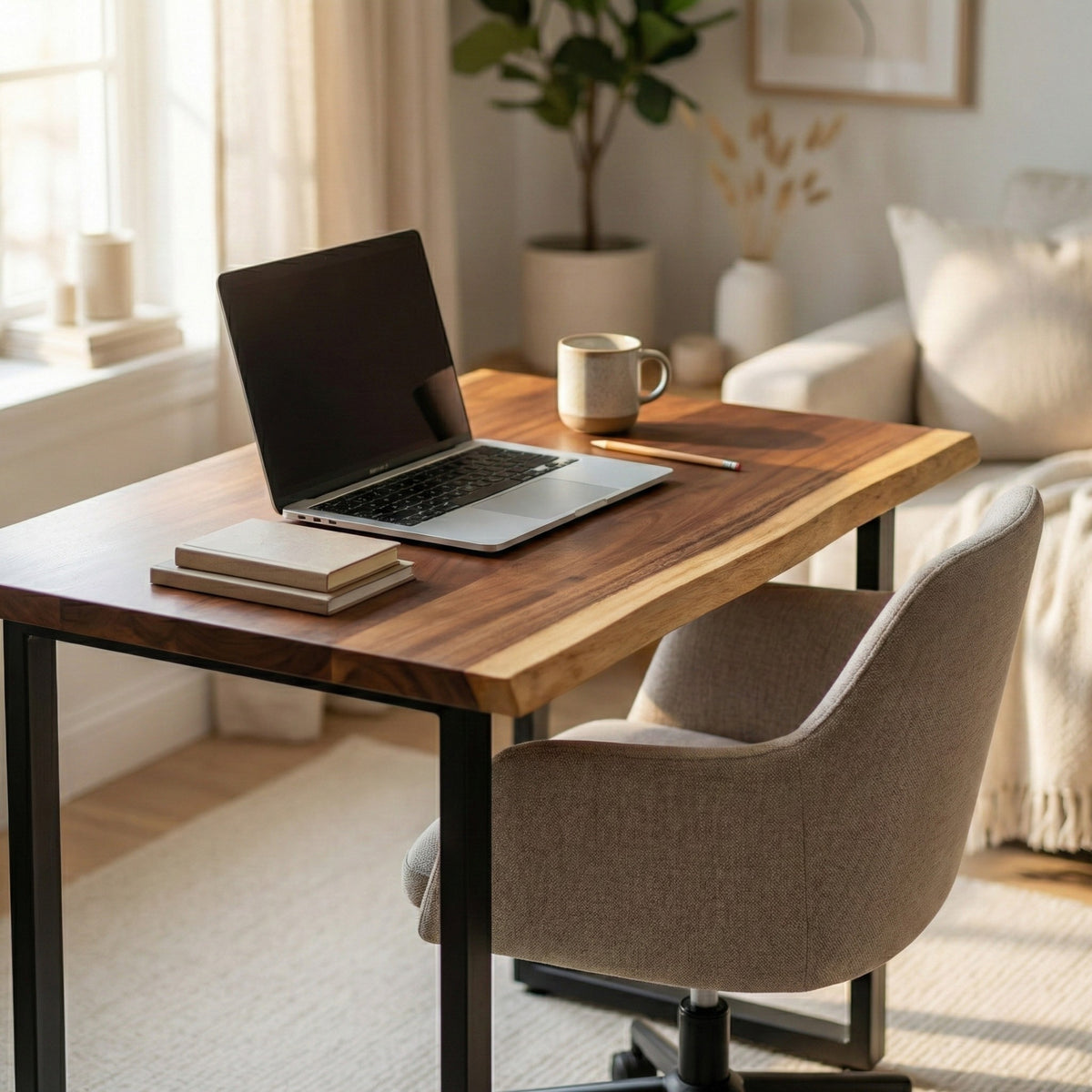 Home office setup with a Compact Walnut Computer Desk, laptop, mug, and books in a cozy living room.