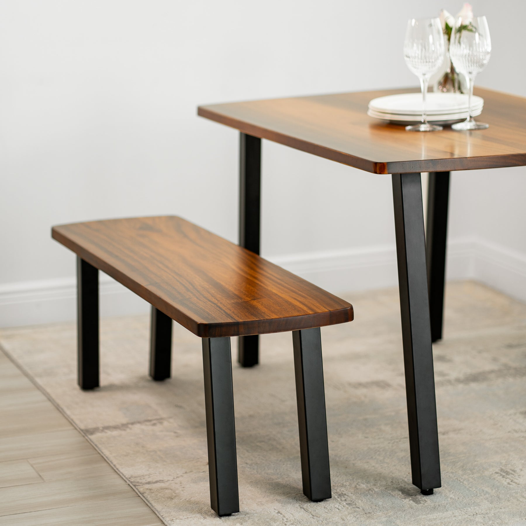 Walnut Dining Table Set for 4 with Bench | Modern Wood Style