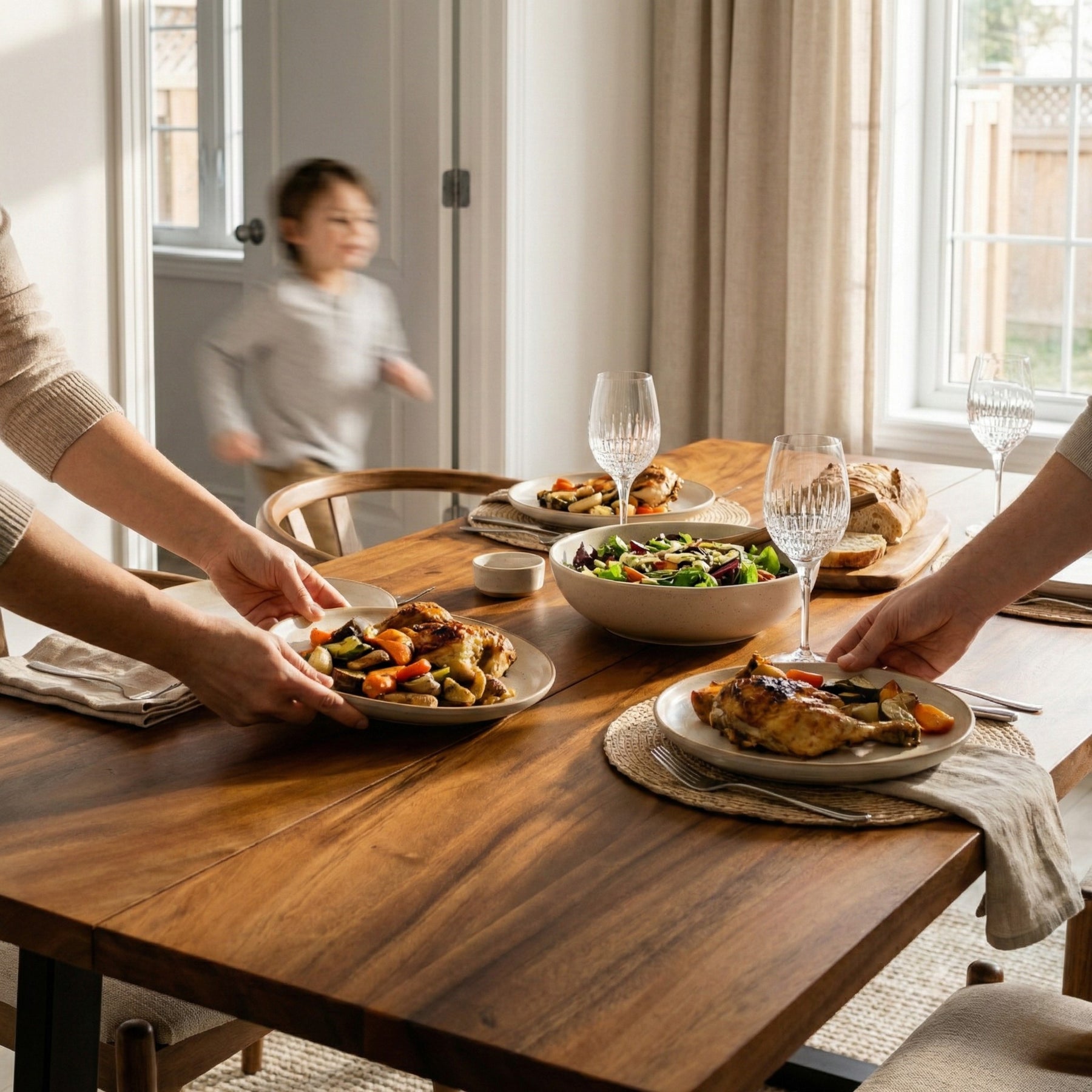 Solid walnut dining table set with plates of food and people serving themselves, with a child in the background.