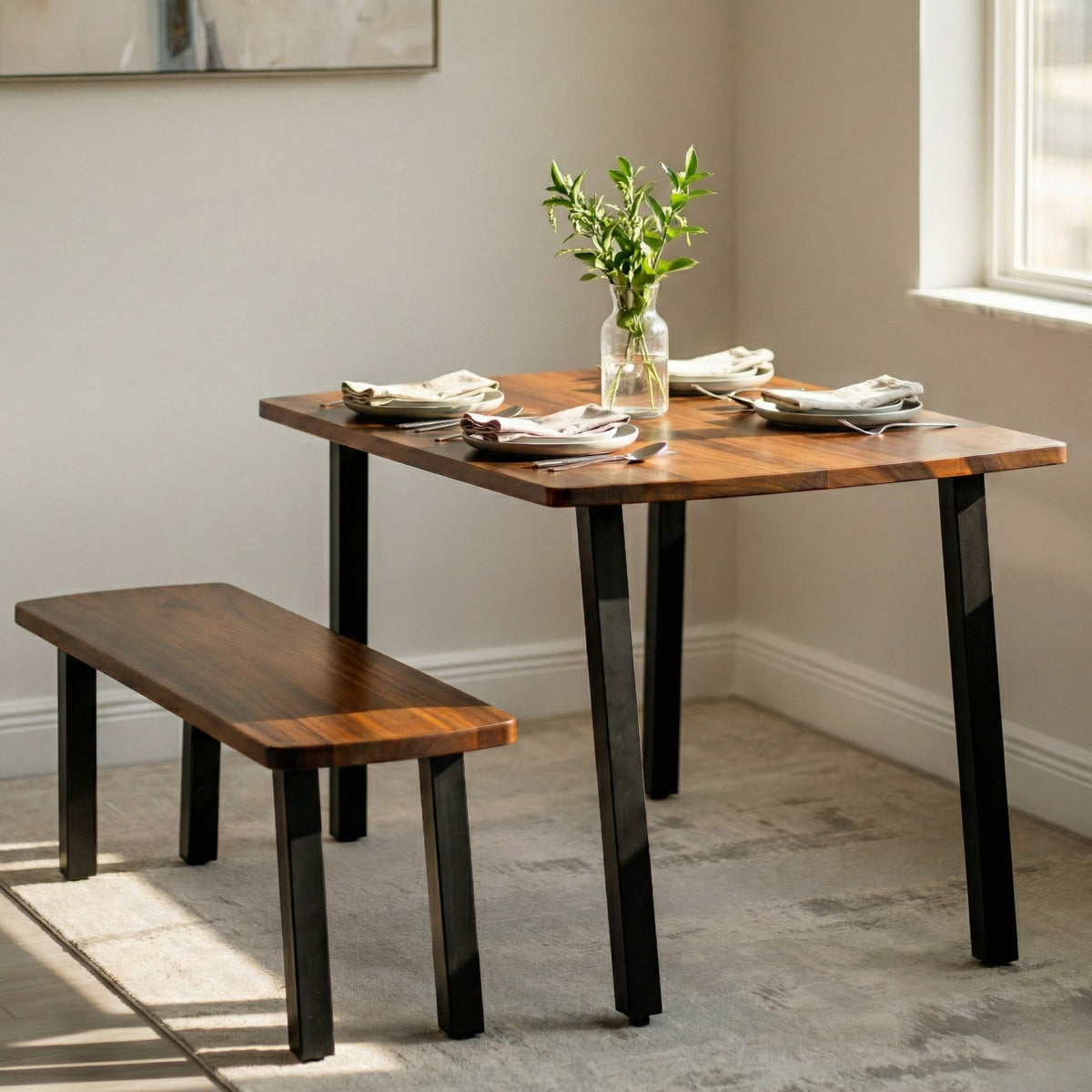 Walnut Dining Table Set for 4 with Bench | Modern Wood Style