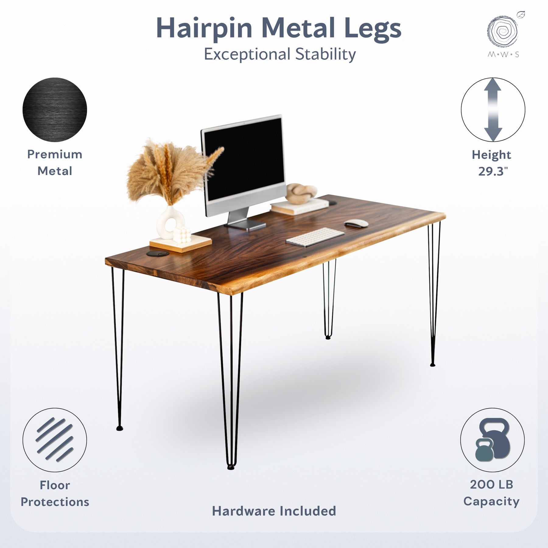 Computer Desk - Hairpin Legs, Live Edge Walnut Solid Wood | Modern Wood Style