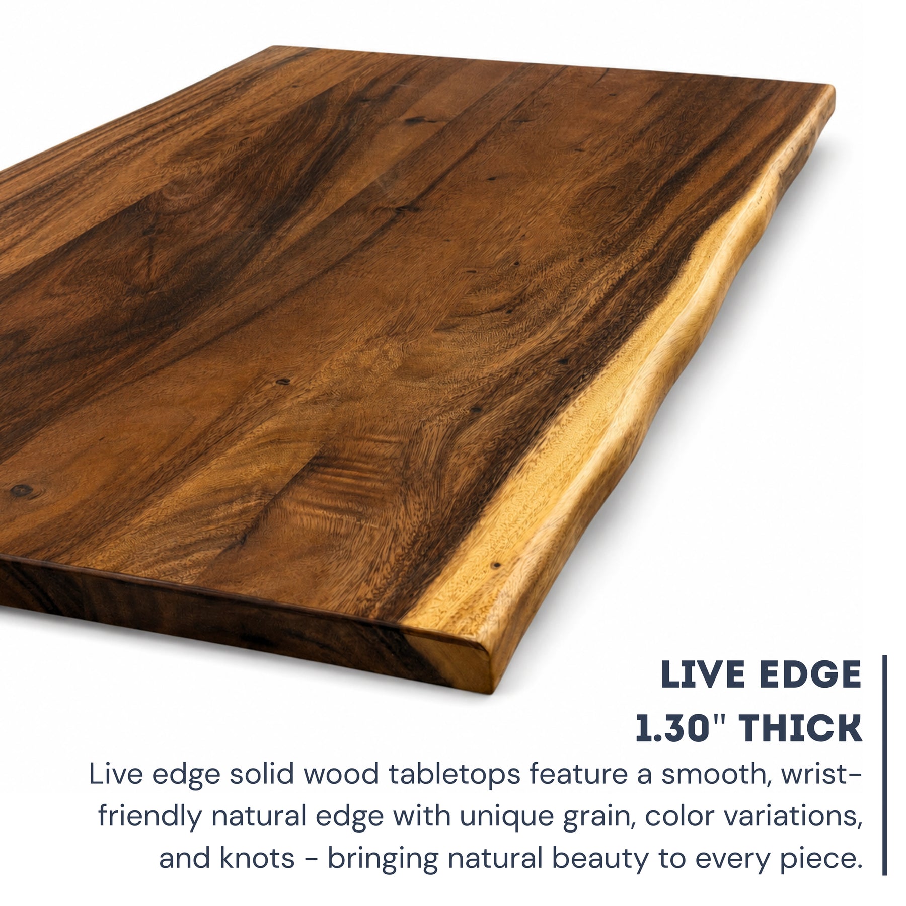 A large live-edge solid wood desk shown at an angle on a white background, with text below reading 'LIVE EDGE 1.30" THICK' and descriptive copy about the natural edge and wood grain.