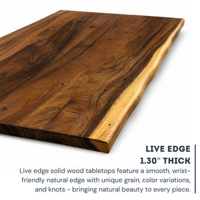 A large live-edge solid wood desk shown at an angle on a white background, with text below reading 'LIVE EDGE 1.30" THICK' and descriptive copy about the natural edge and wood grain.