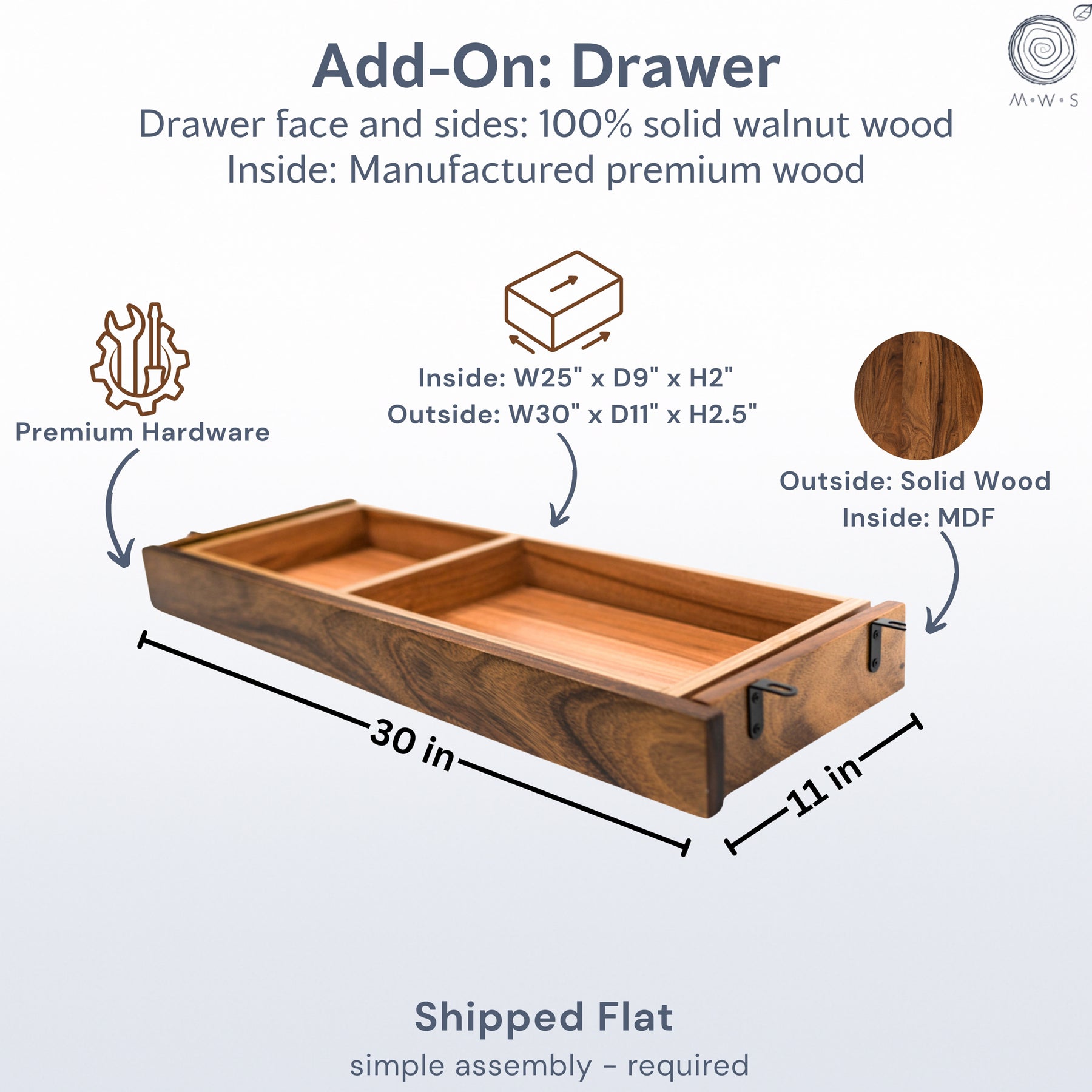 An informational product graphic for a walnut wood drawer add-on, showing the drawer at an angle with dimension labels of 30 in by 11 in, plus text noting solid walnut wood faces and sides, premium hardware, and shipped flat assembly.