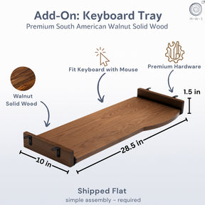 An informational product graphic for a walnut desk with keyboard tray labeled 'Add-On: Keyboard Tray' showing a walnut solid wood tray with dimensions, feature callouts, a wood swatch circle, and assembly text on a light gray background.