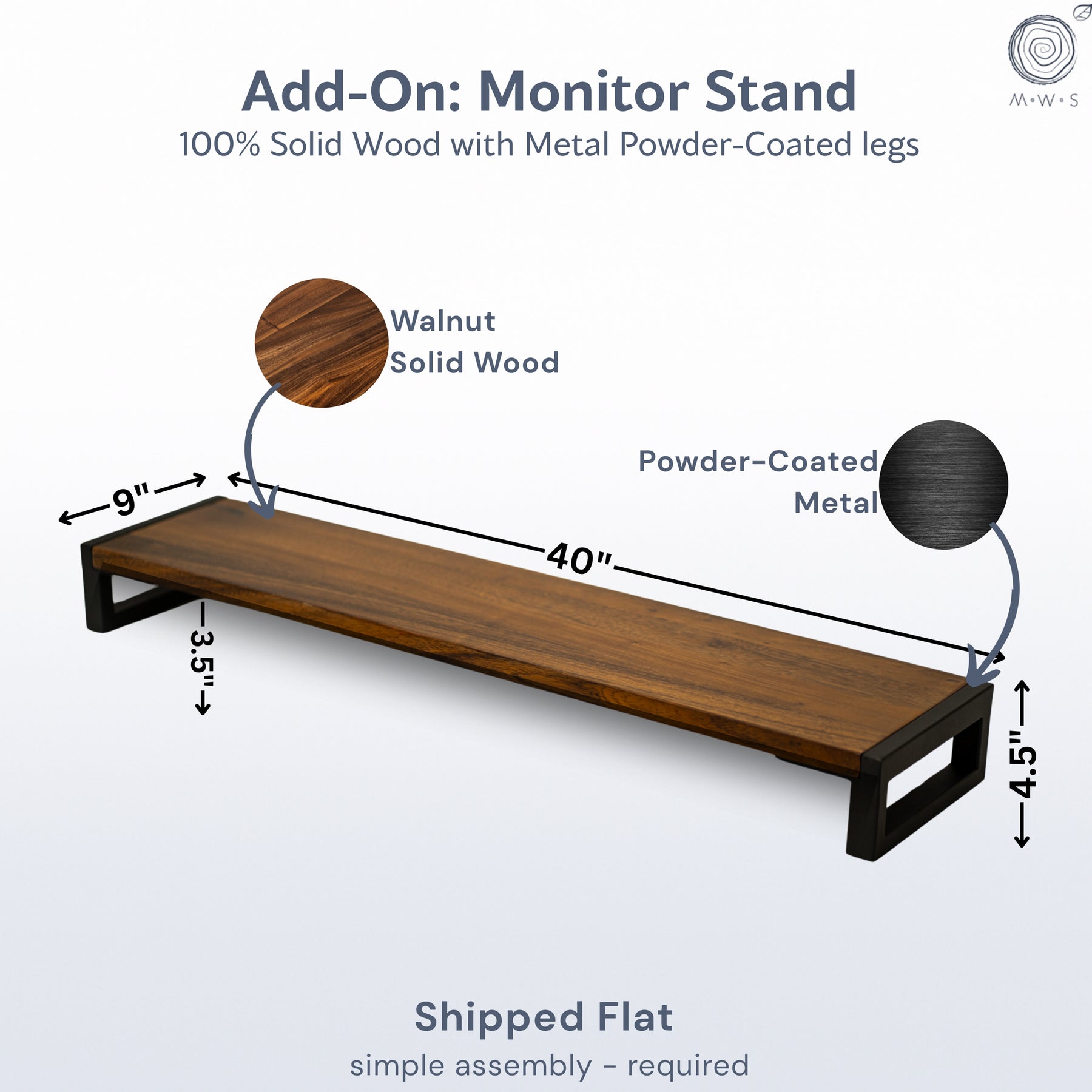 Add-On: Monitor Stand with text and dimension labels showing a 40-inch wooden shelf with powder-coated metal legs, including walnut solid wood and powder-coated metal options.
