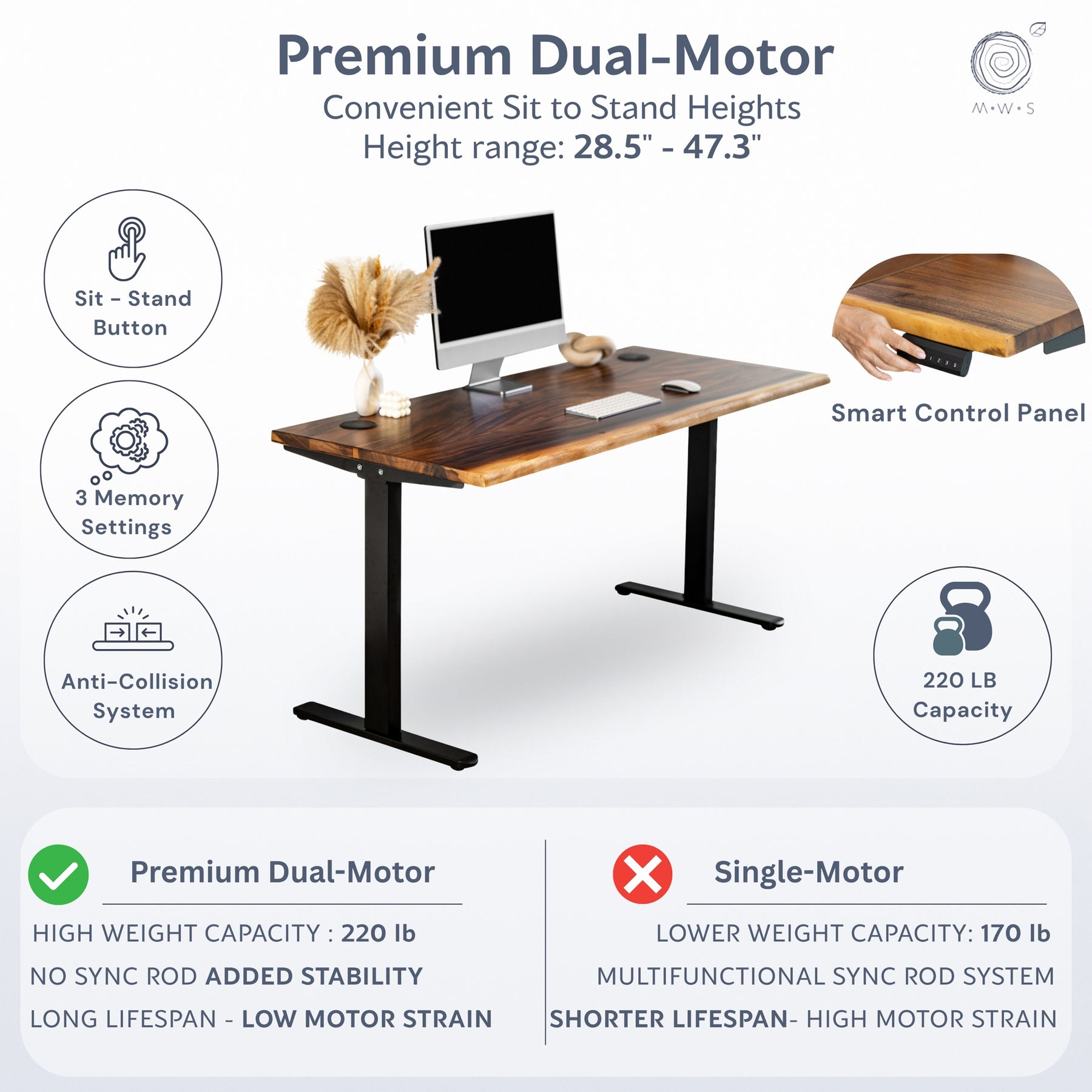 Standing Desk with Storage - Walnut Solid Wood Electric Standing Desk | Modern Wood Style