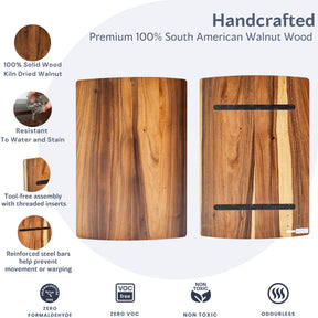 Solid walnut table top with specifications on a white background