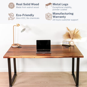 Walnut solid wood computer desk with black metal legs, eco-friendly design, and manufacturing warranty