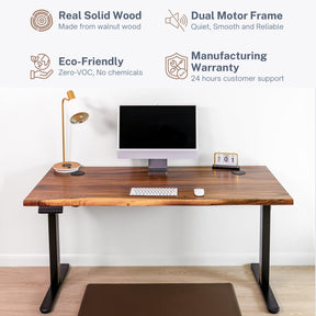 Walnut solid wood standing desk with dual motor frame, eco-friendly materials, and manufacturing warranty.