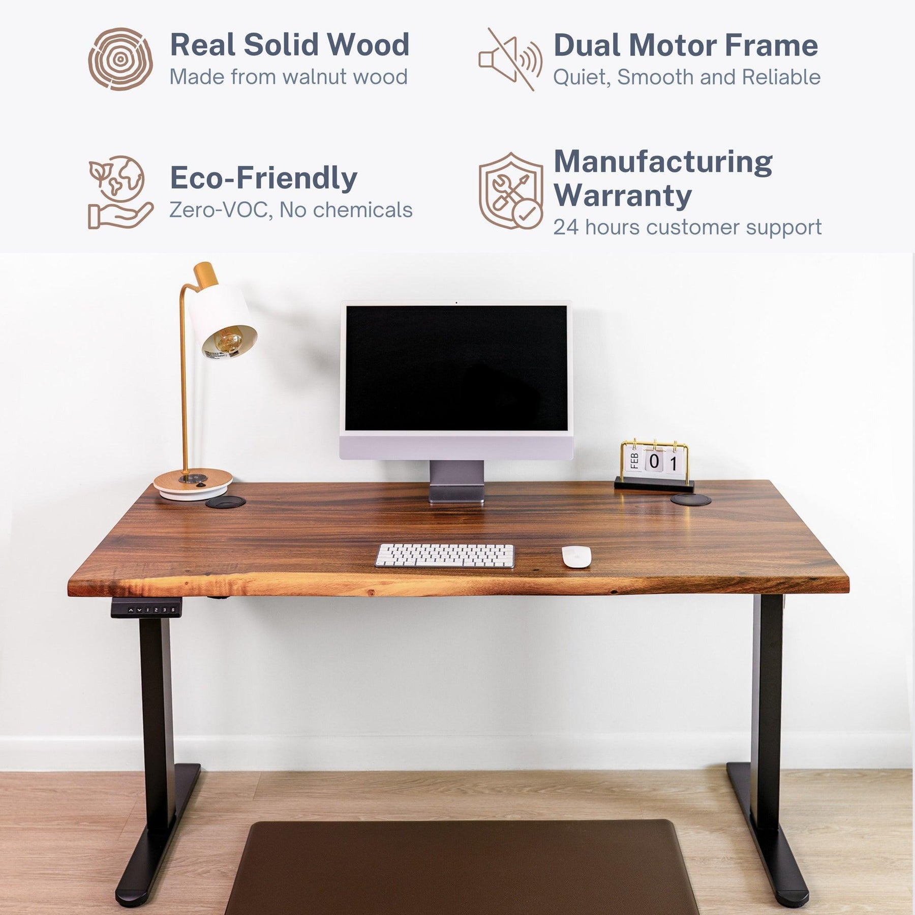 Real solid wood walnut standing desk with dual motor frame, eco-friendly design, zero-VOC finish.