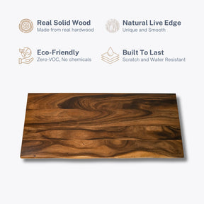 Eco-friendly solid walnut desk table top with natural live edge. Made from real hardwood, perfect for durable and stylish standing desks.